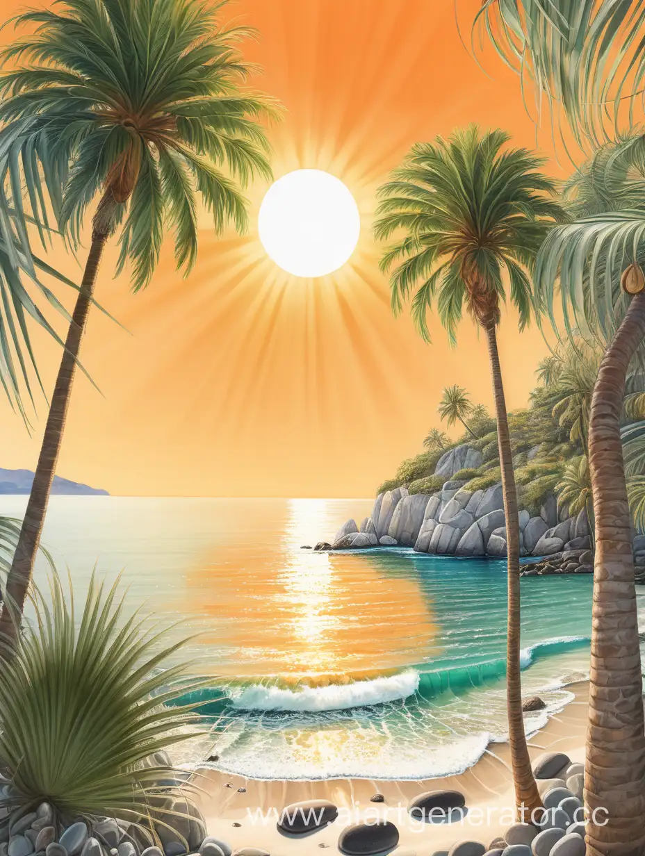 Idyllic-Coastal-Scene-with-Green-Fan-Palms-and-Tranquil-Blue-Sea