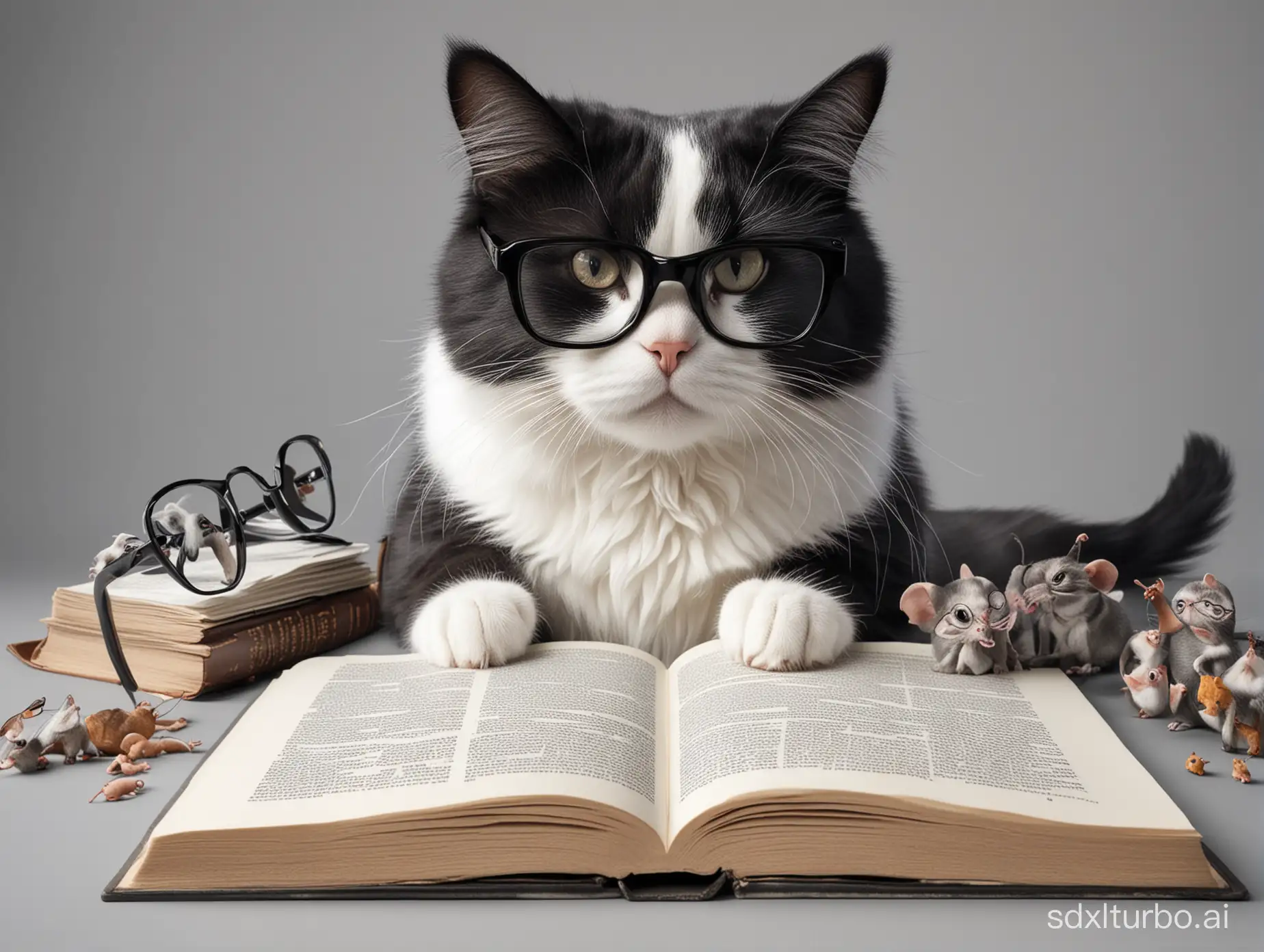 big black and white cat with glasses reading a book containing pictures of mice. Hyper-realistic model.