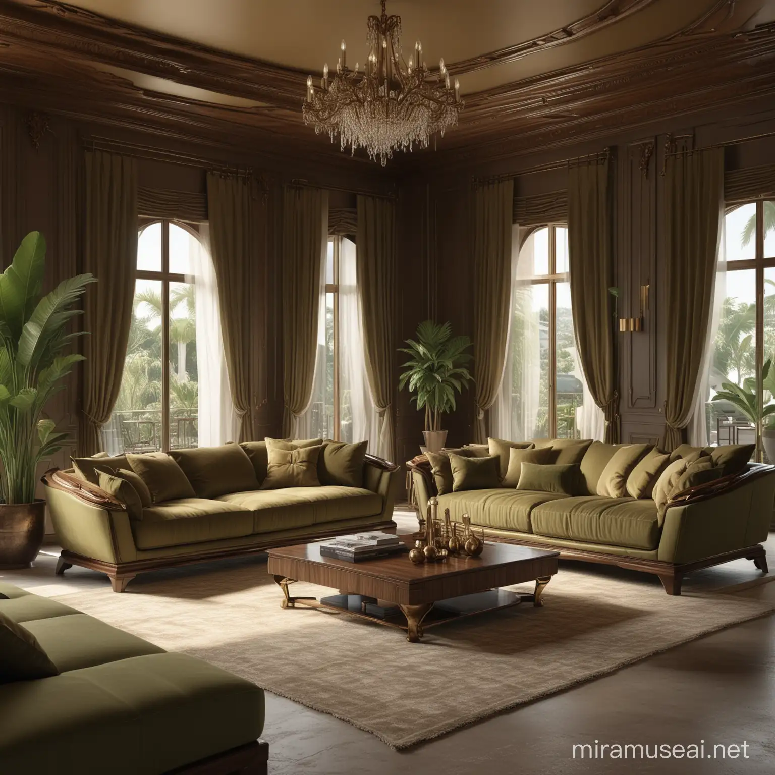 Futuristic Tropical Sicily Living Room with Luxurious Sofa Set and Bronze Gold Accents