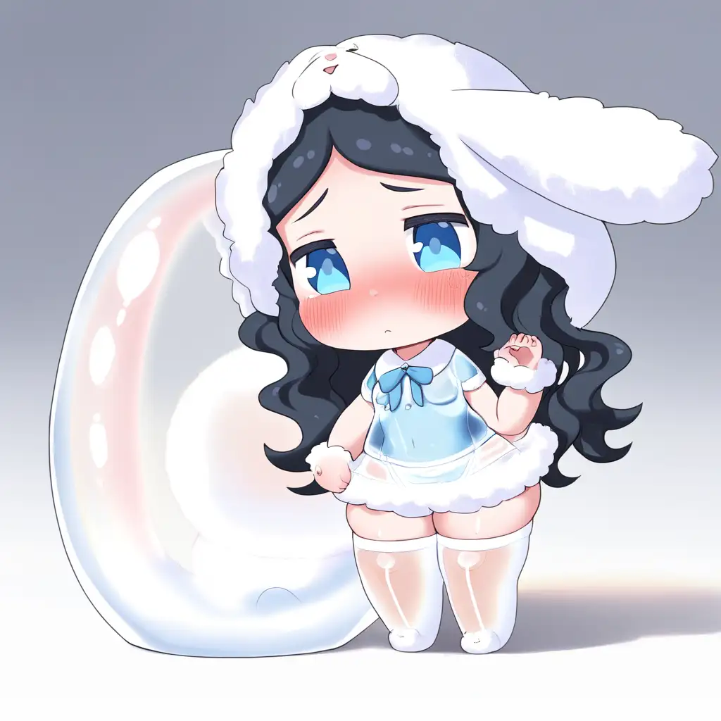 Cute femboy, long black wavy hair, smooth facial features, blue tired eyes, blush, fragile figure, thicc things, white fluffy short blouse, bunny hood, white fluffy short skirt, translucent stockings