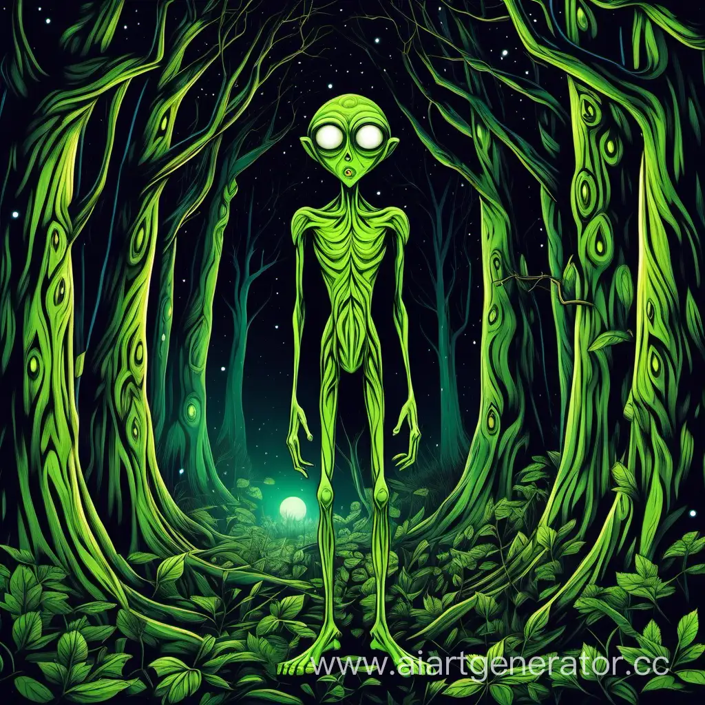 a very skinny green man with big eyes in the night forest