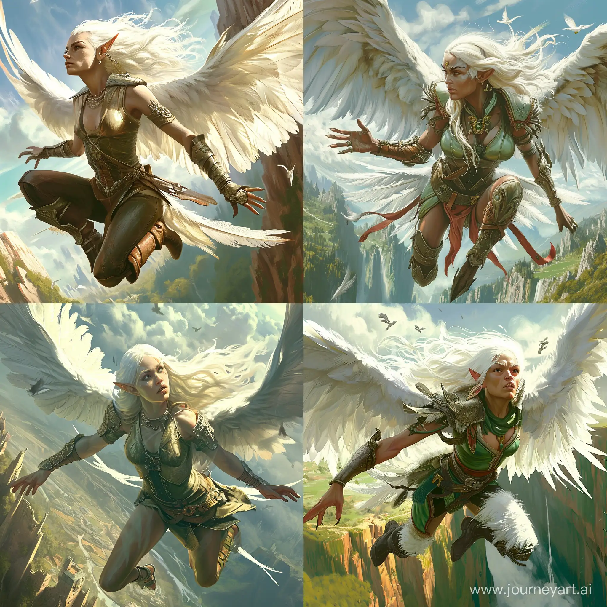 Half-avian half-elf warrior, white feather wings, elven facial features and torso and legs, avian beak. She is 20 years old, has medium length white hair. In flight above her homeland.