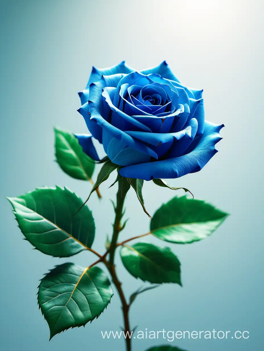 Blue Rose 8k hd with fresh lush green leaves on pure light  background