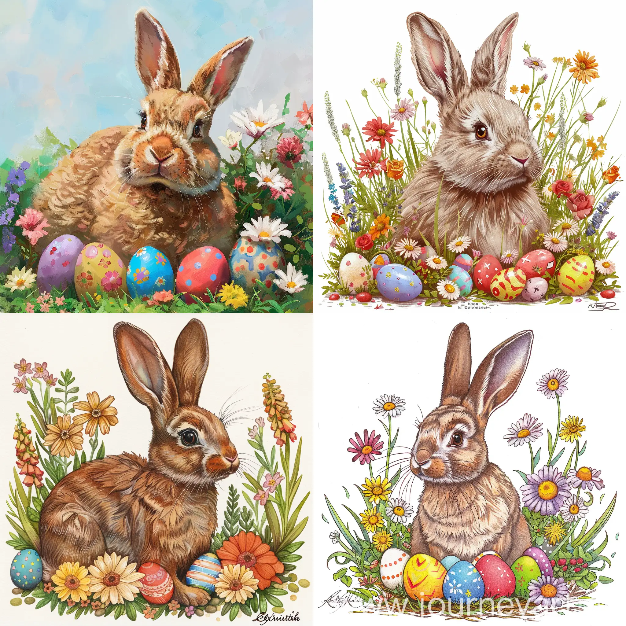 Easter bunny with colorful eggs near and flowers around, clipart, high quality details, by Erik Nitsche style