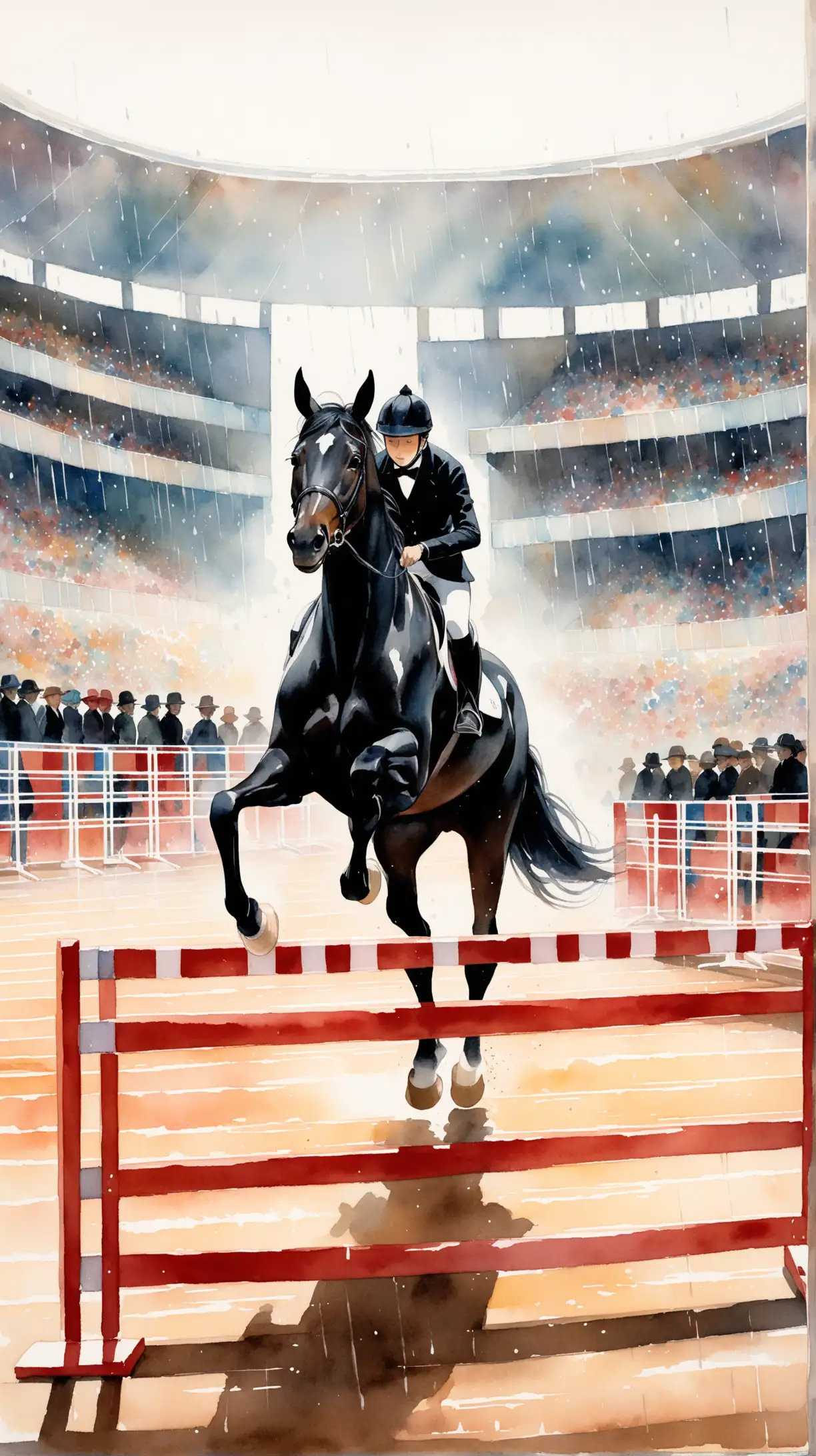 Elegant Black Horse Jumping Over Vibrant Hurdles in an Arena Amidst an Enthusiastic Audience