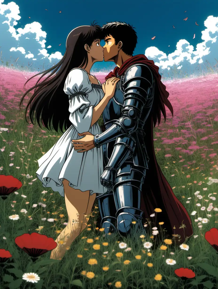 Escena de berserk donde Caska y Gut se besan en un prado lleno de flores 