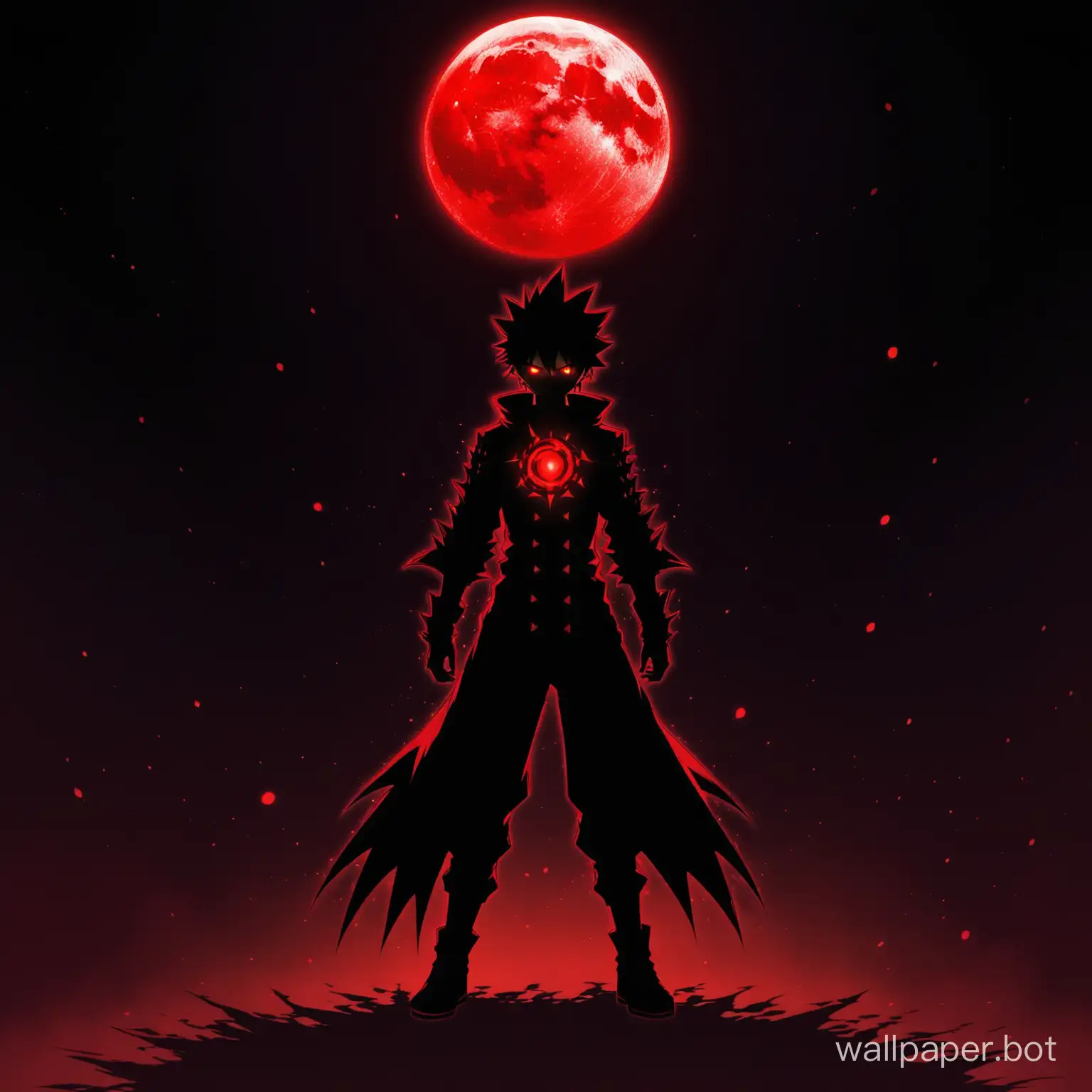 1 shadow anime boy with spiky hair glowing red eyes, in dark at night, moon behind him, full body, dark shadow, red magic
