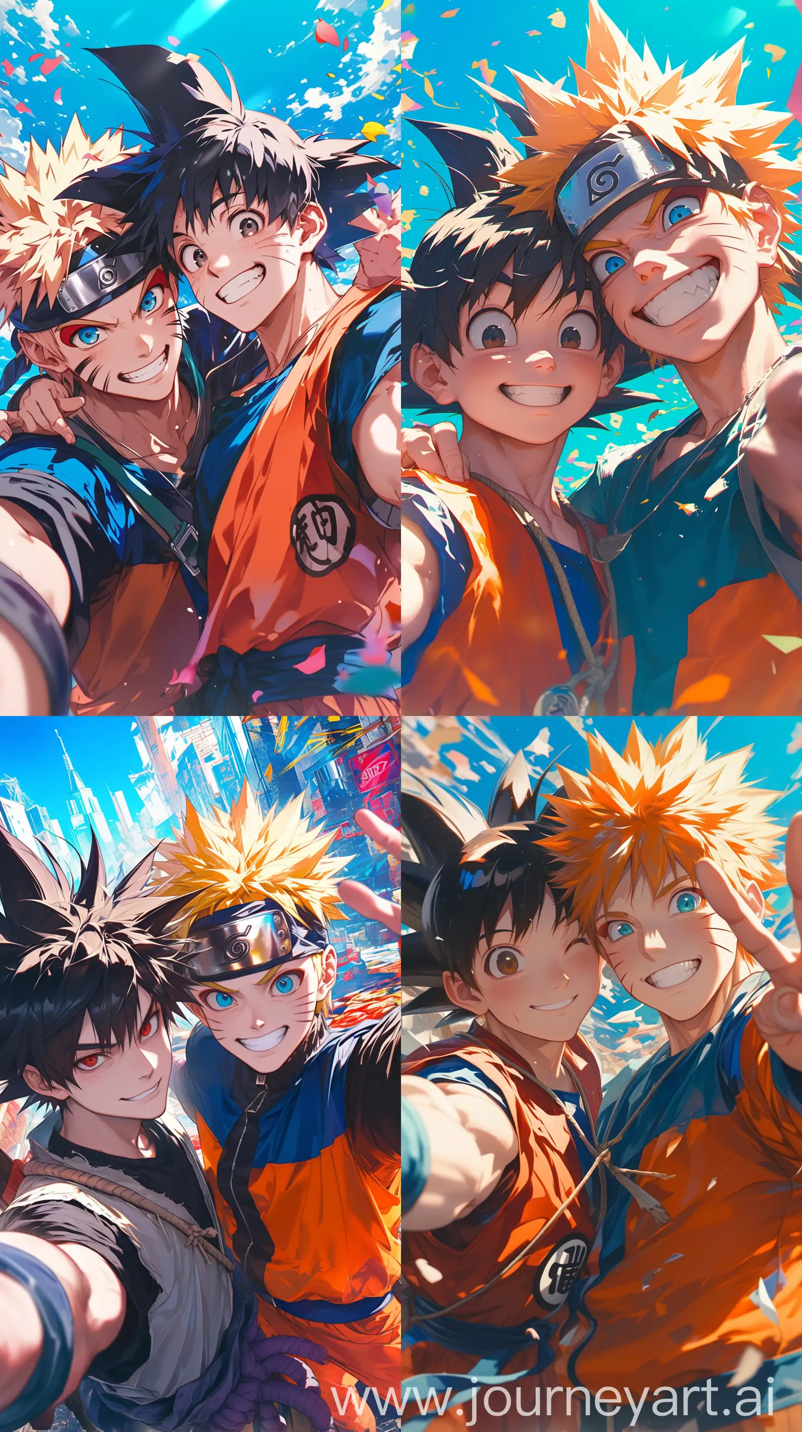  Goku and Naruto in a friendly selfie, vibrant anime style, high resolution suitable for iPhone wallpaper, dynamic lighting, bold colors with an aura of camaraderie, sharp details, in action pose --ar 9:16 --s 750 --niji 6