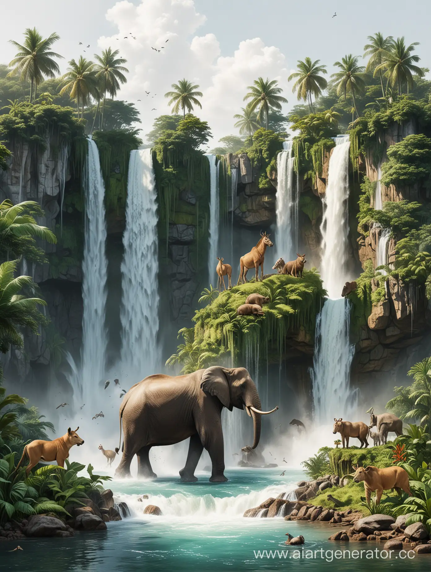 Животные большие (3-5 животных) на квадратном островке джунглей , вокруг белый фон. Яркая реалистичная картинка. Вниз с островка бежит водопад. Островок  видно полностью