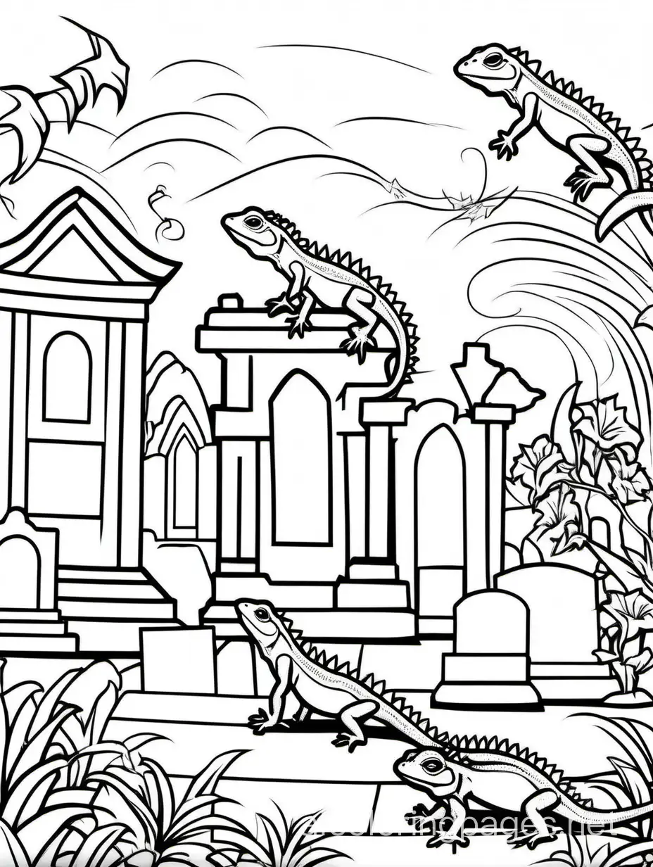 lizards dancing in a cemetery
, Coloring Page, black and white, line art, white background, Simplicity, Ample White Space. The background of the coloring page is plain white to make it easy for young children to color within the lines. The outlines of all the subjects are easy to distinguish, making it simple for kids to color without too much difficulty