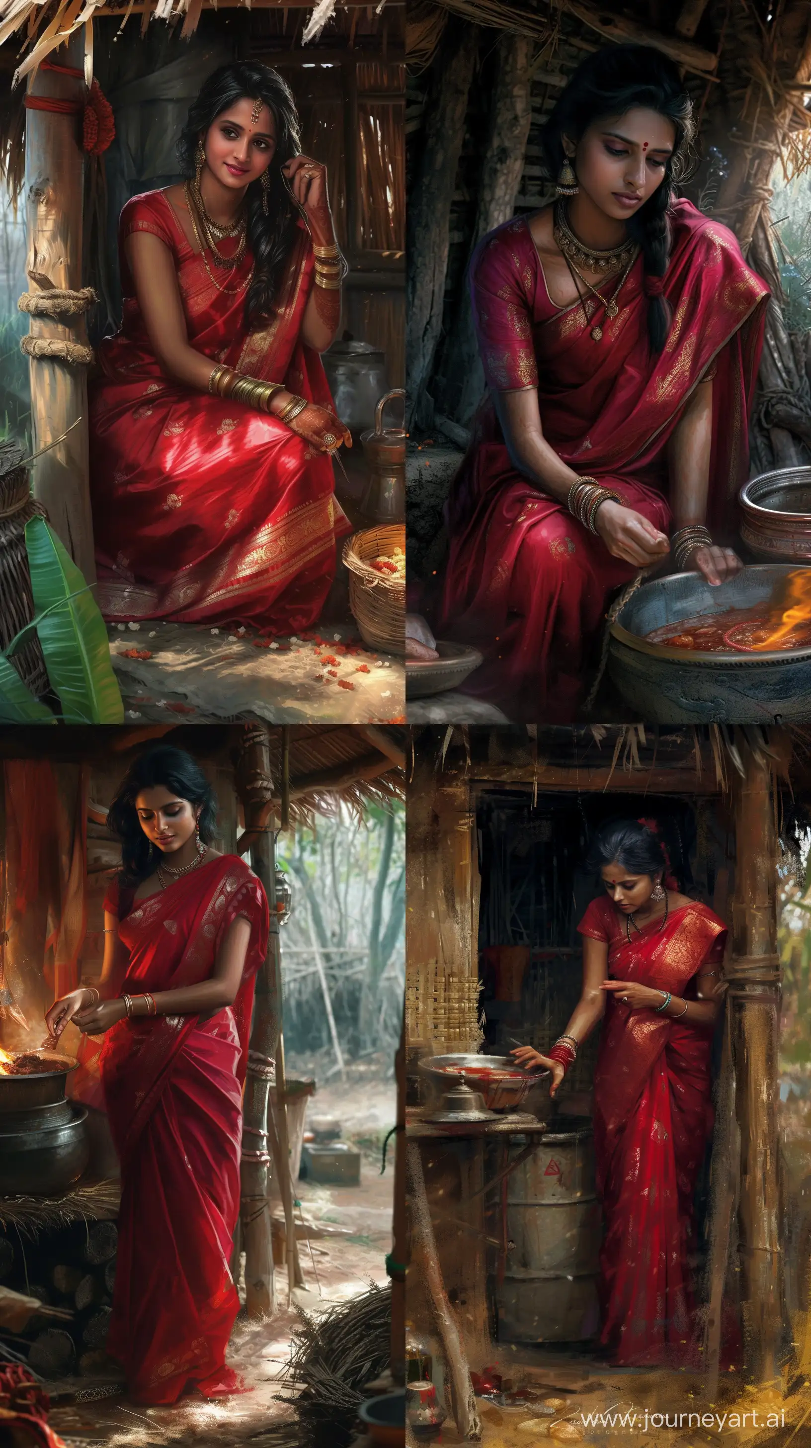 Realistic digital paintings depicting a beautiful Indian woman inside a hut, in red saree, doing household chores, intricate details, colorful images, --ar 9:16 --v 6