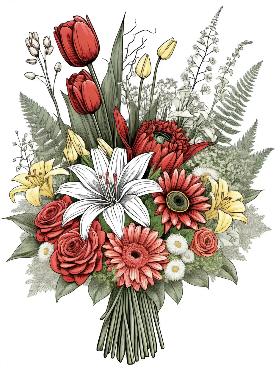 create a bouquet of primarily of Honeysuckle with accents of Tulips, Daffodils, Red Roses, Gerbera daisies, carnations, baby breath, eucalyptus and ferns flowers with stem visible on white background, line art