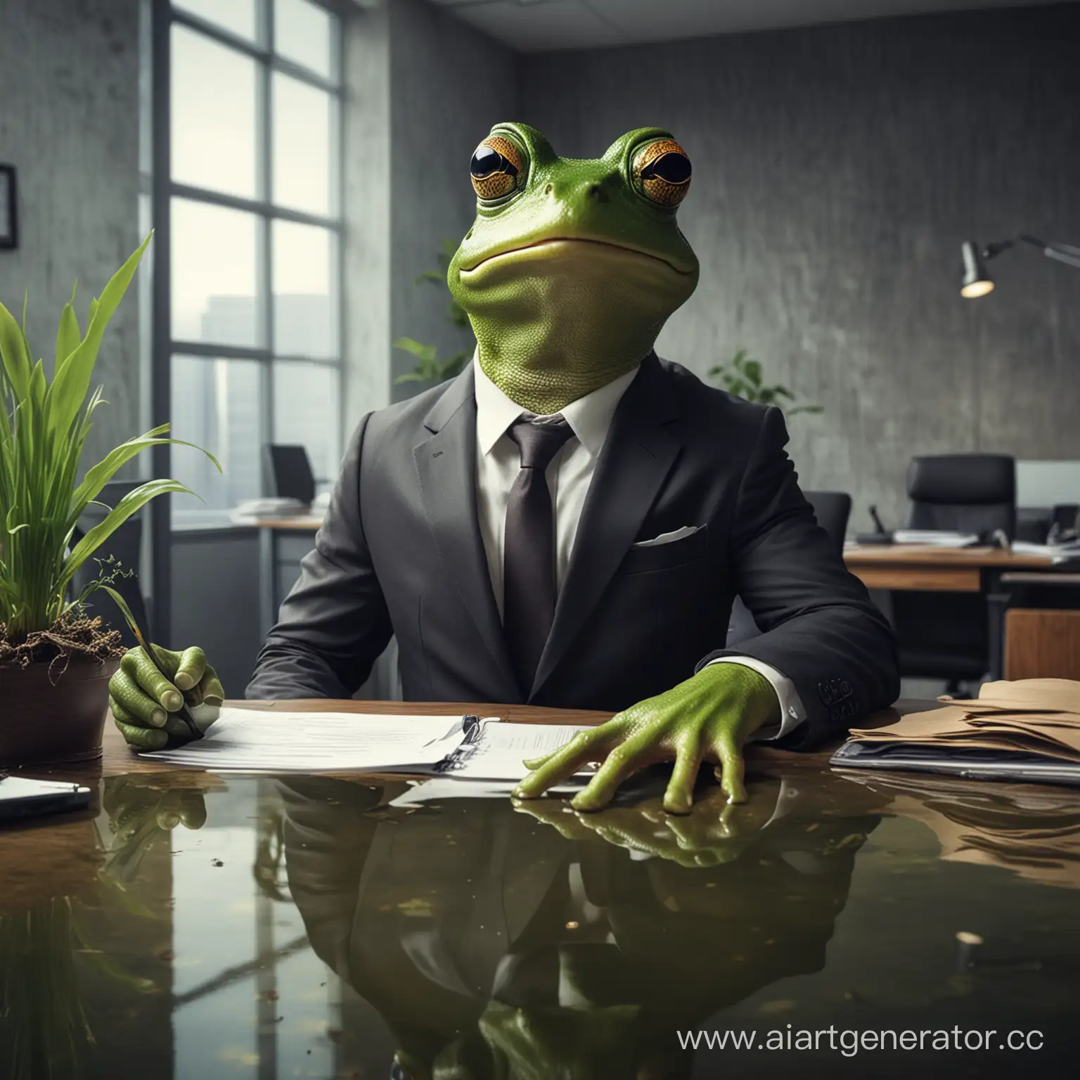 деловая лягушка в костюме, которая сидит в болотном офисе
