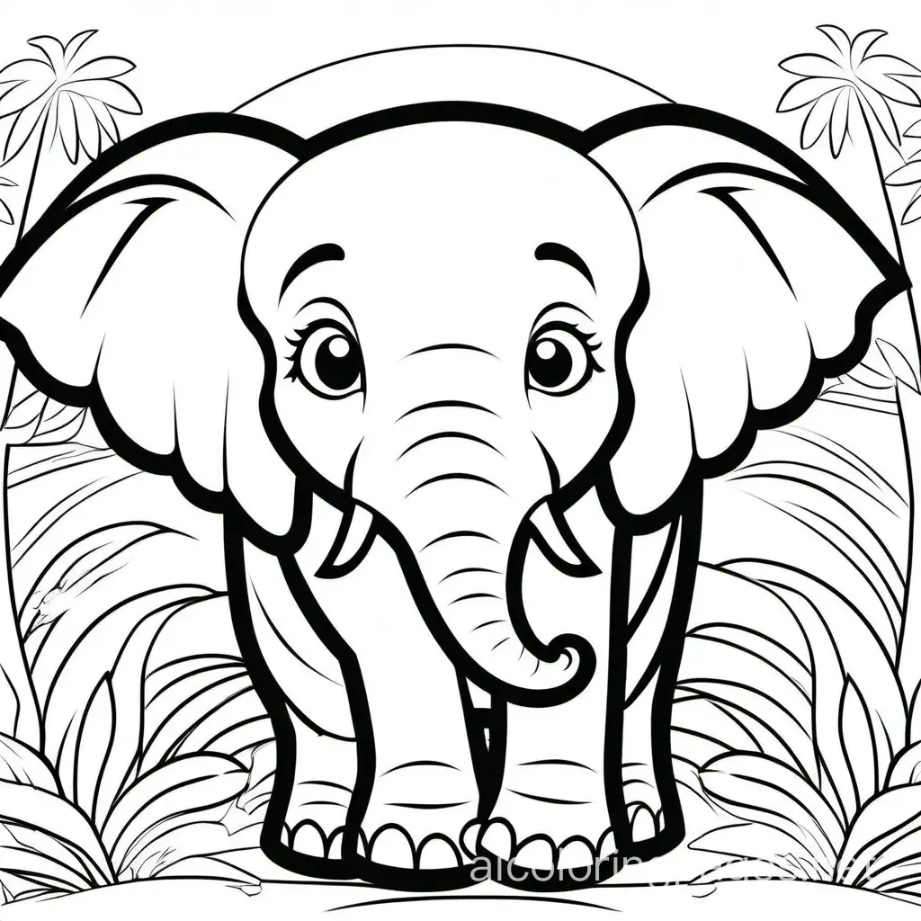 cute elephant set in the zoo, Coloring Page, black and white, line art, white background, Simplicity, Ample White Space. The background of the coloring page is plain white to make it easy for young children to color within the lines. The outlines of all the subjects are easy to distinguish, making it simple for kids to color without too much difficulty