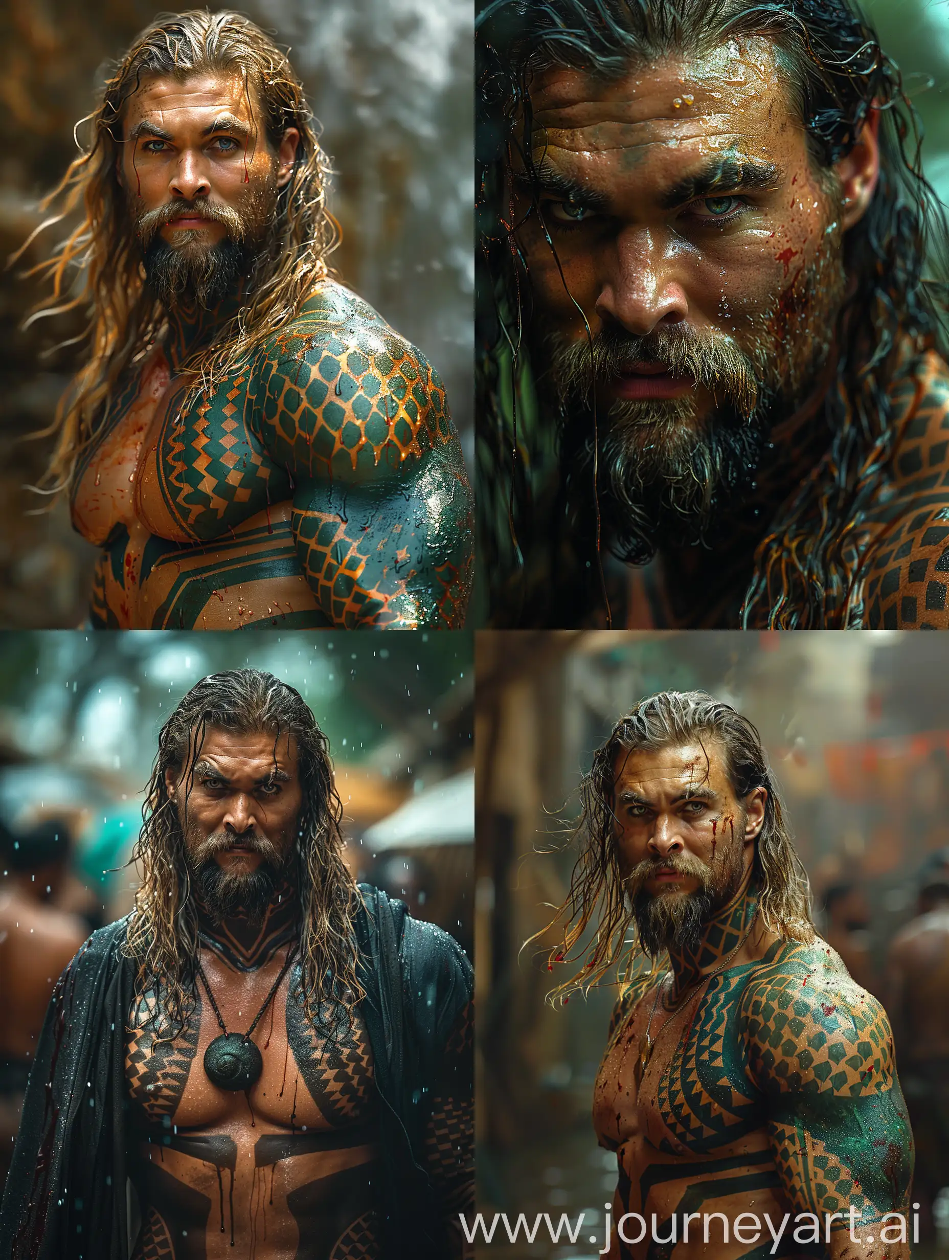 Full body chris Hemsworth as Aquaman focus on the viewer surrealistic realism, emotive realism, soggy, eerily realistic, bad ass, attacking, bloody full body 8k --style raw --stylize 750 --v 6.0