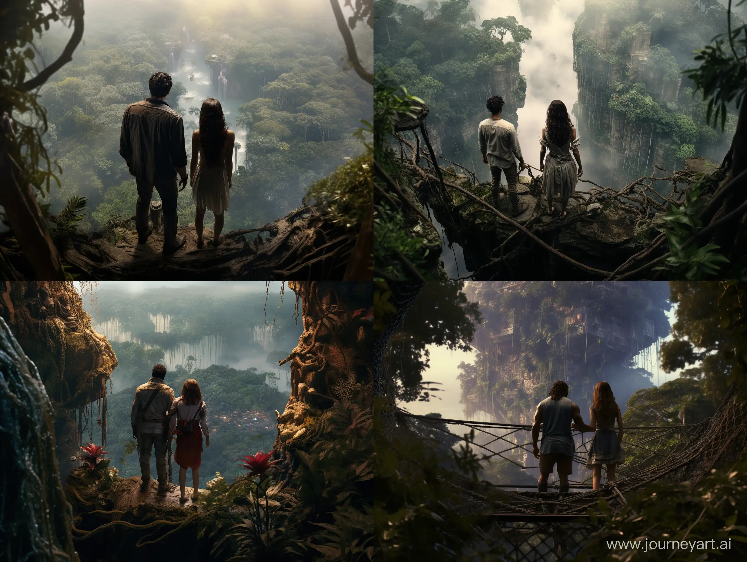 a man and a woman in torn clothes hiding in the jungle, fear on their faces, a view from a great height