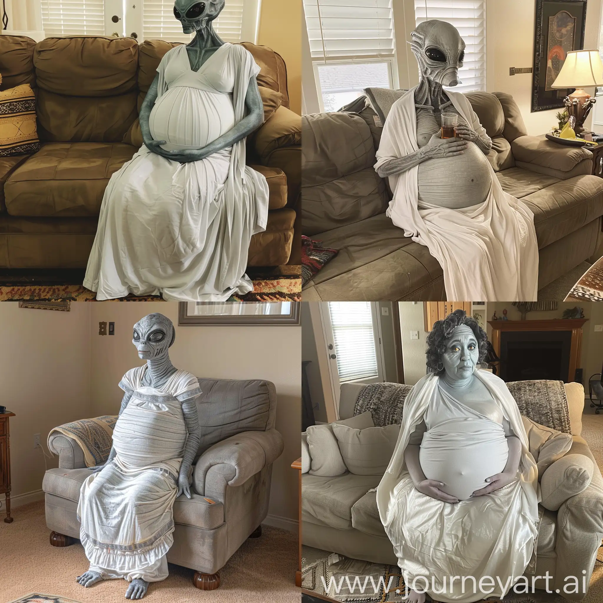 Pregnant-Gray-Alien-Expecting-Triplets-in-White-Toga-on-Living-Room-Couch