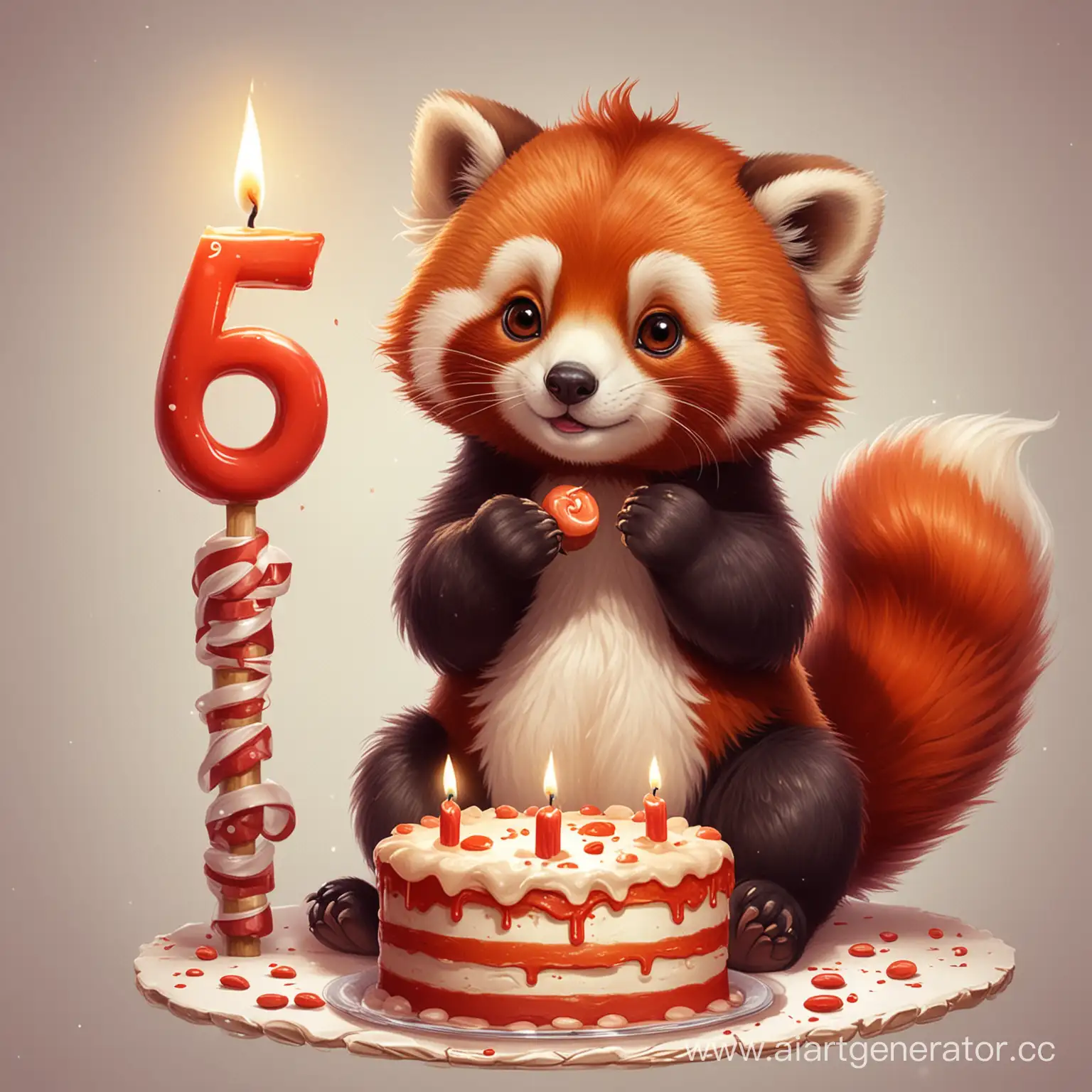 Нарисуй милую красную панду с тортом и свечкой с цифрой 5