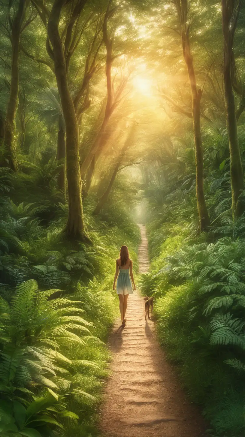 create a realistic image of a woman walking on a path leading through a lush, verdant forest at sunrise