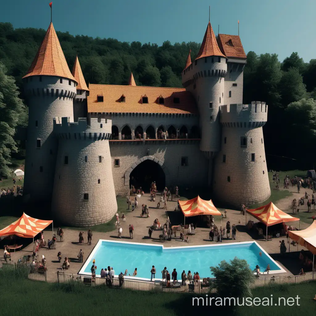 Medieval Castle with a lot of fun inside + people playing fun games+ clowns +   people having fun visibly   Guesthouse   campsite + jacuzii