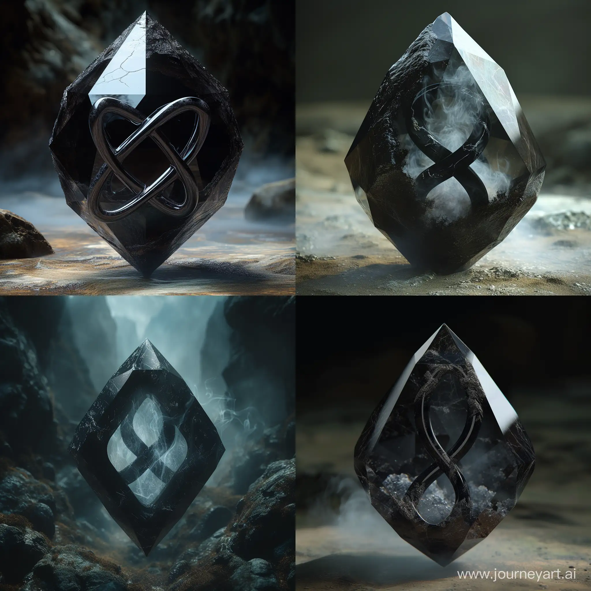 translucent black diamond-shaped crystal inside with a dark haze in the shape of an infinity sign called essence, cave, lotr, realistic, fantasy, 4k, hd
