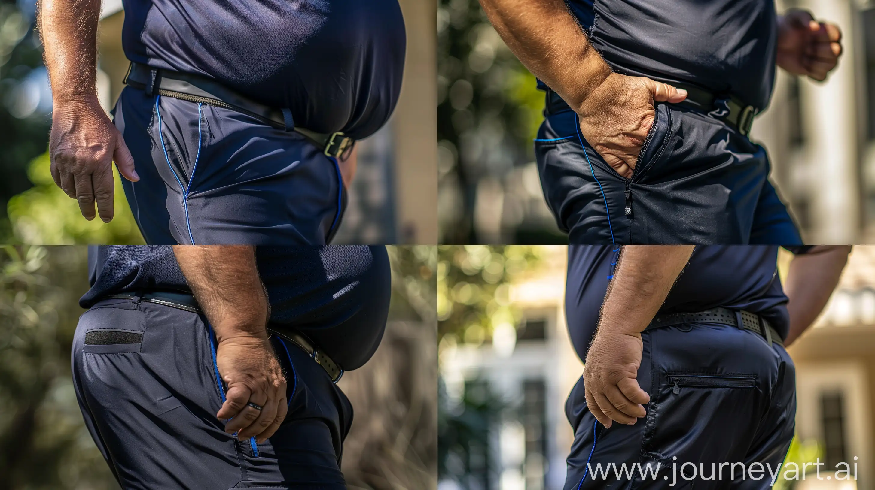 Close-up photo of a fat man aged 60 wearing silk navy blue hiking pants. Thin blue edging on the side of the leg. Tucked in silk navy polo shirt. Black tactical belt. Running. Natural light. --ar 16:9