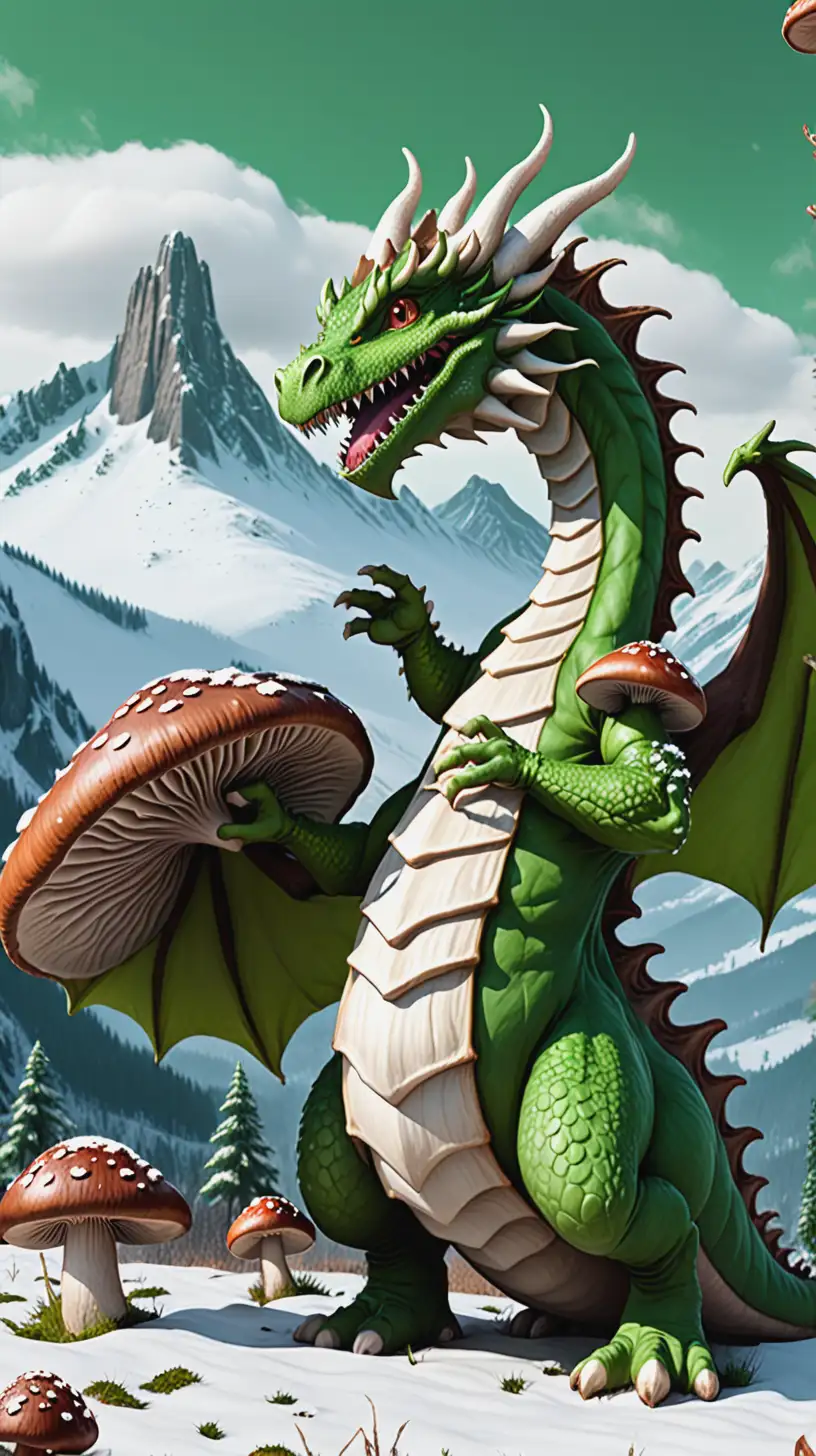 Brown and green dragon holding their hand out, standing in a field of giant mushrooms in green and with snow covered mountains in the background 