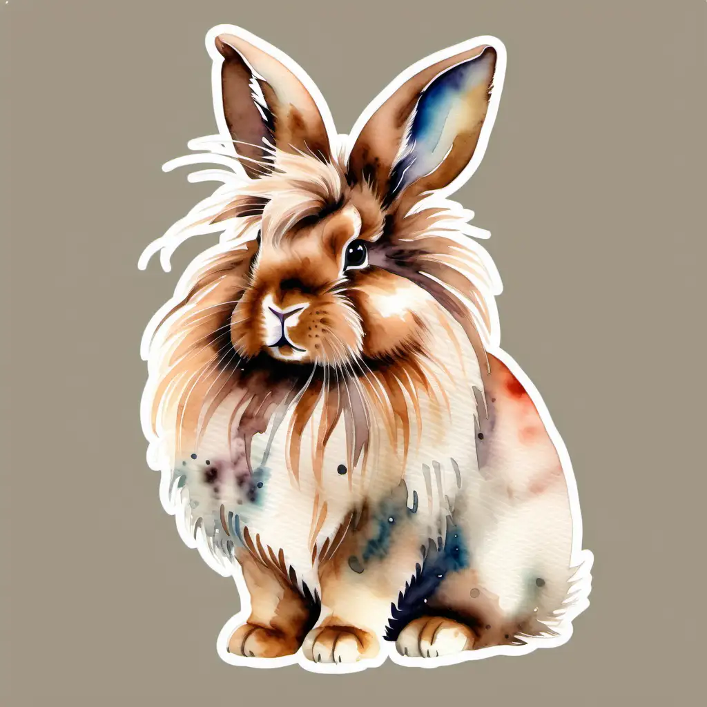 Adorable Watercolor Painting of a Fluffy Brown Lionhead Rabbit in Full Body