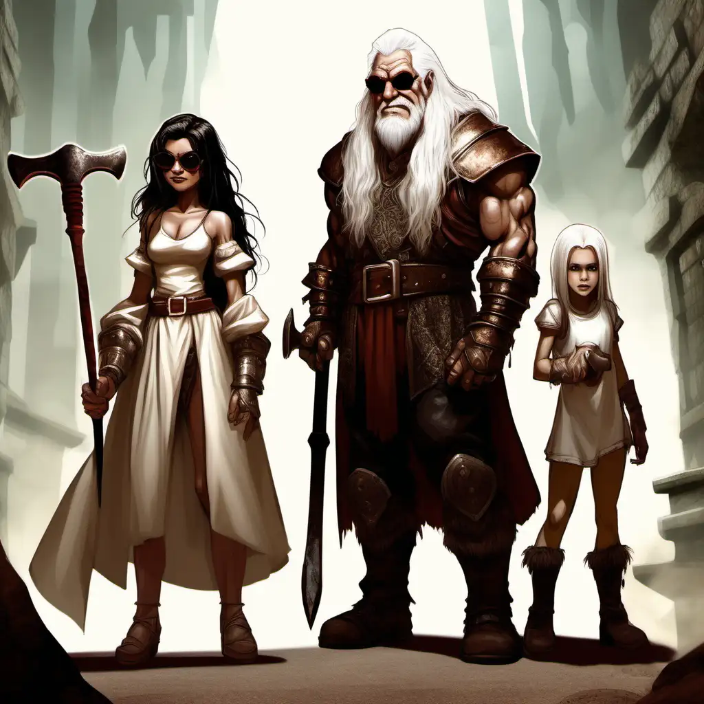 old rich halfling with white hair wearing white robe and sunglasses and his hot servant girl accompagnied by a young halfling housewife with a hammer and dark hair (important) and a muscular tall human barbarian with brown hair (important) behind them