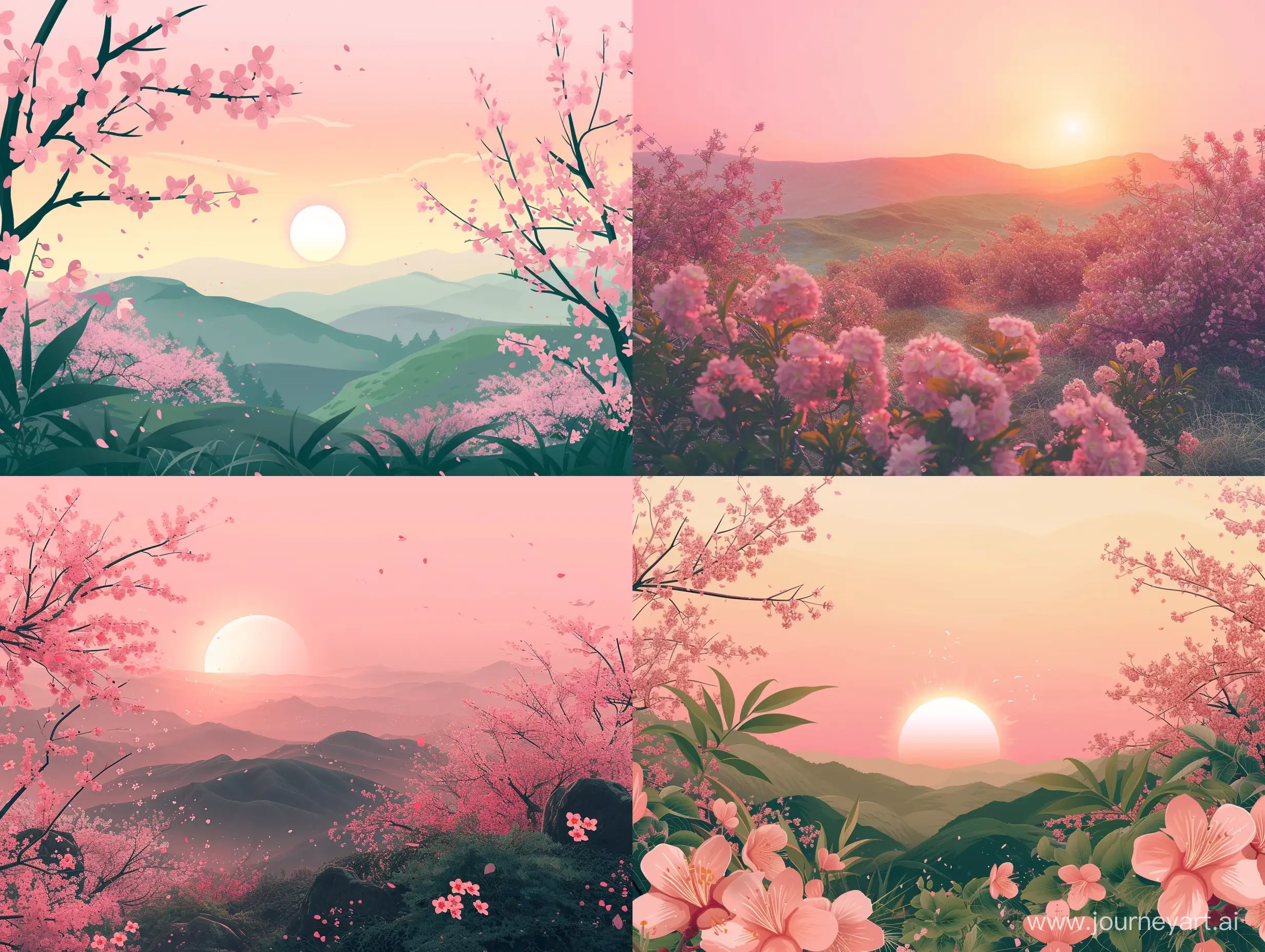 spring blossoms landcape with some greenery and warm atmosphere glowing pink sun and hills