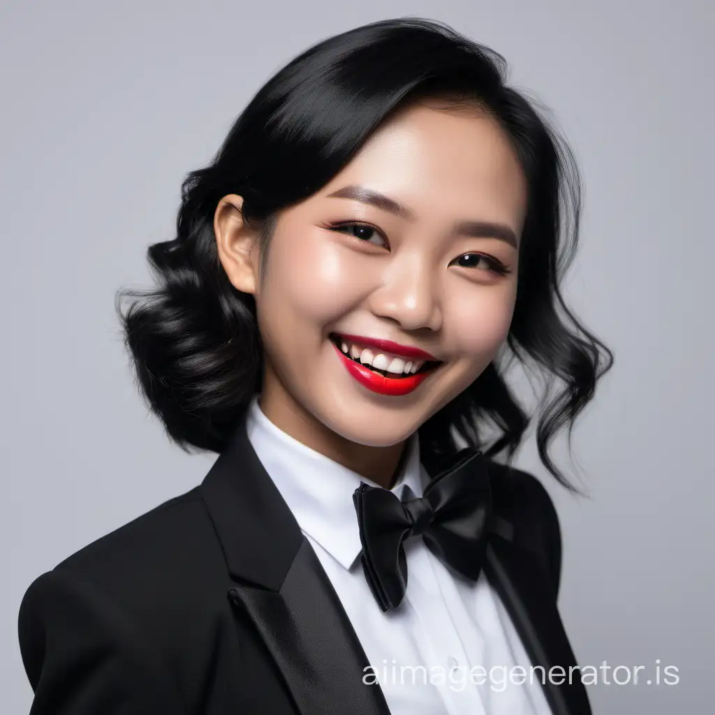 smiling and laughing Malaysian woman with shoulder-length hair and lipstick wearing a tuxedo with a white shirt and a black bow tie