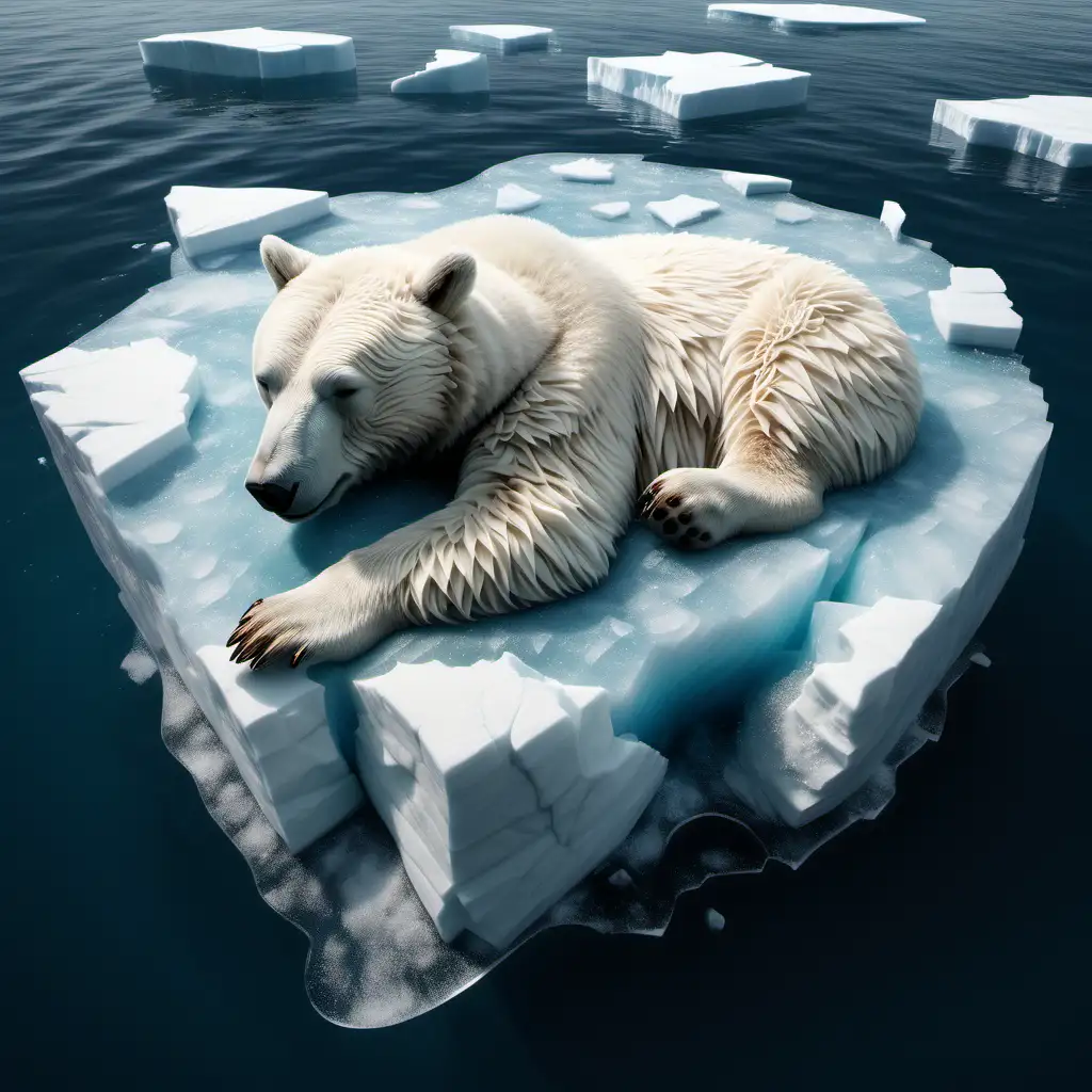 crea un'immagine fotorealistica di un orso bianco che dorme rannicciato su un piccolo iceberg che si è staccato dalla banchisa e sta andando al largo in un mare blu increspato. L'rso deve essere il più realistico possibile
