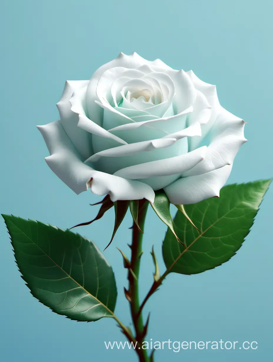 white Rose 4k hd  with fresh lush green leaves on pure light blue background