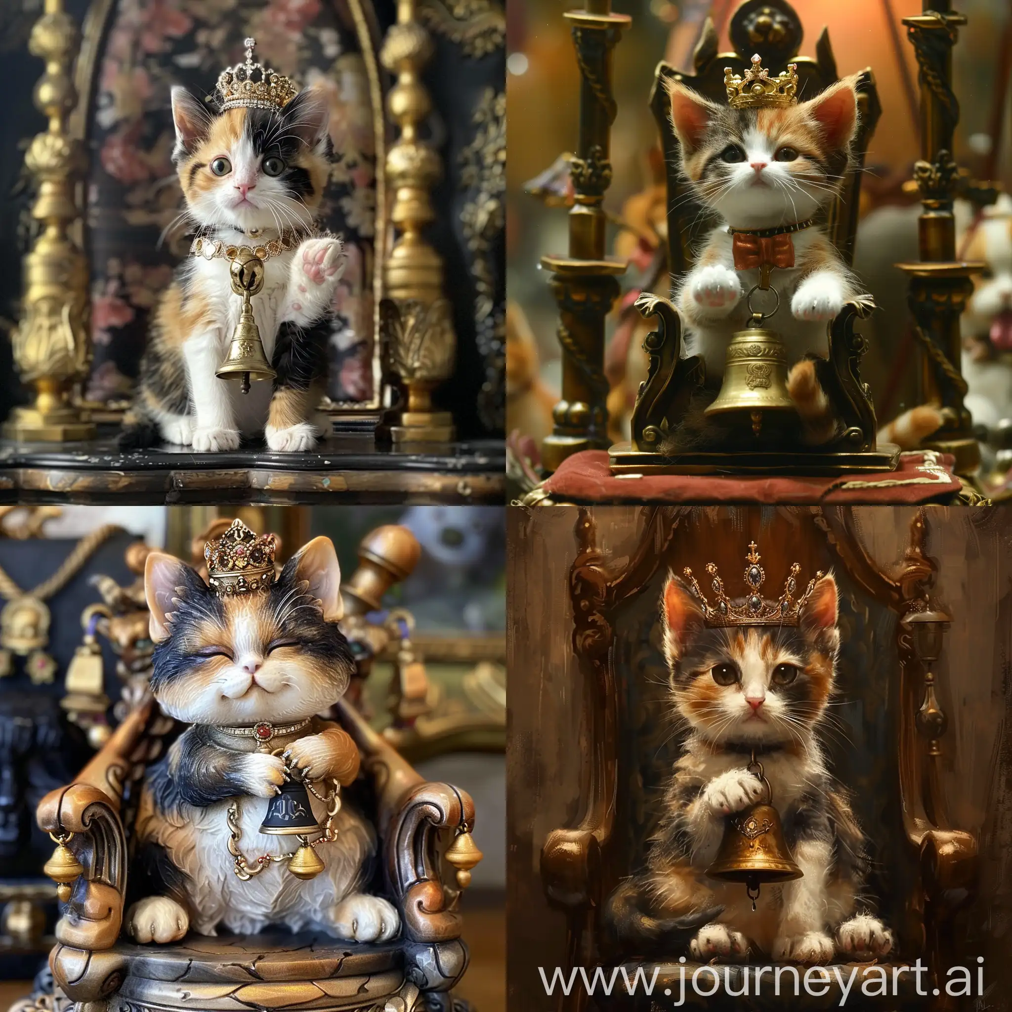 small calico cat sitting on a throne, wearing a tiara, and ringing a bell. 
