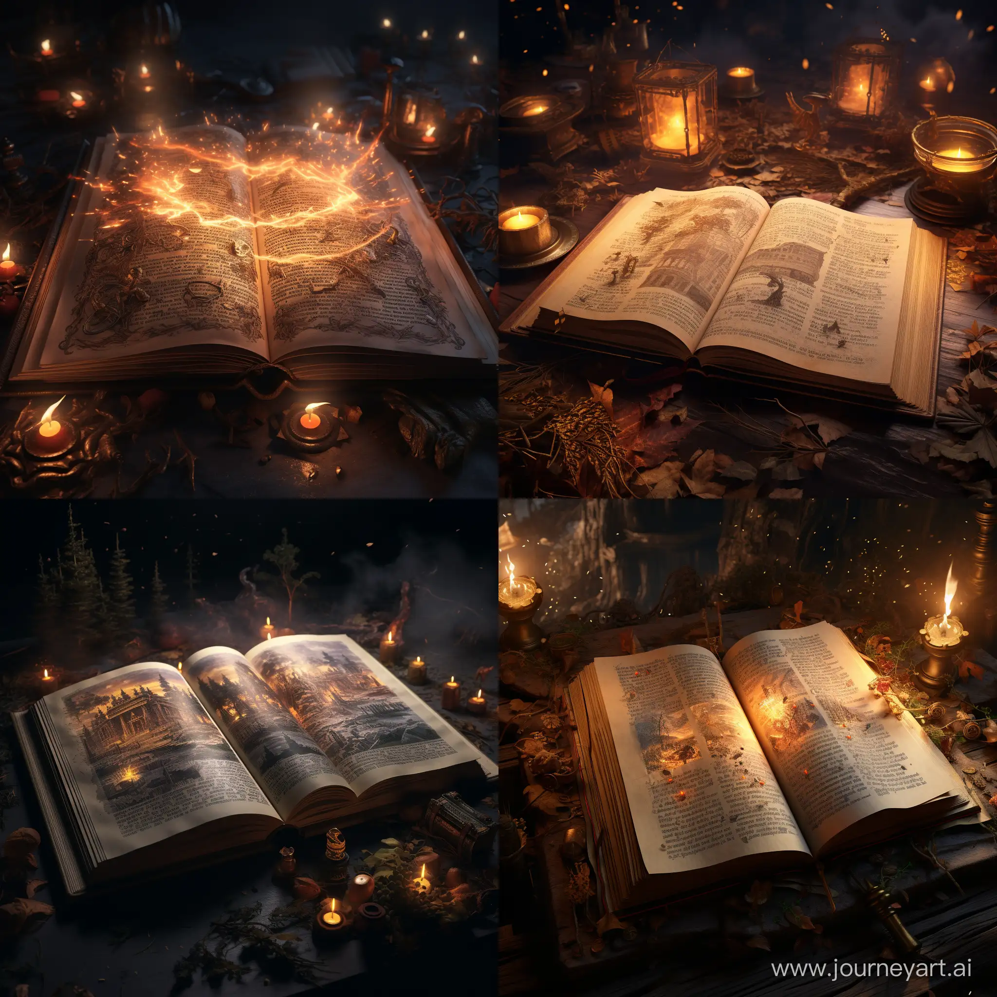  open pages of a enigmatic tome on a spread,  Mysterious atmosphere, detailed, cinematic lighting, hyper realistic, post processing