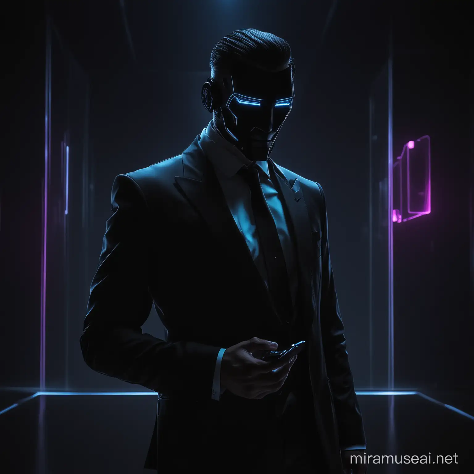 Mysterious Boss in Modern Futuristic Tuxedo with Black Lights No Smartphone
