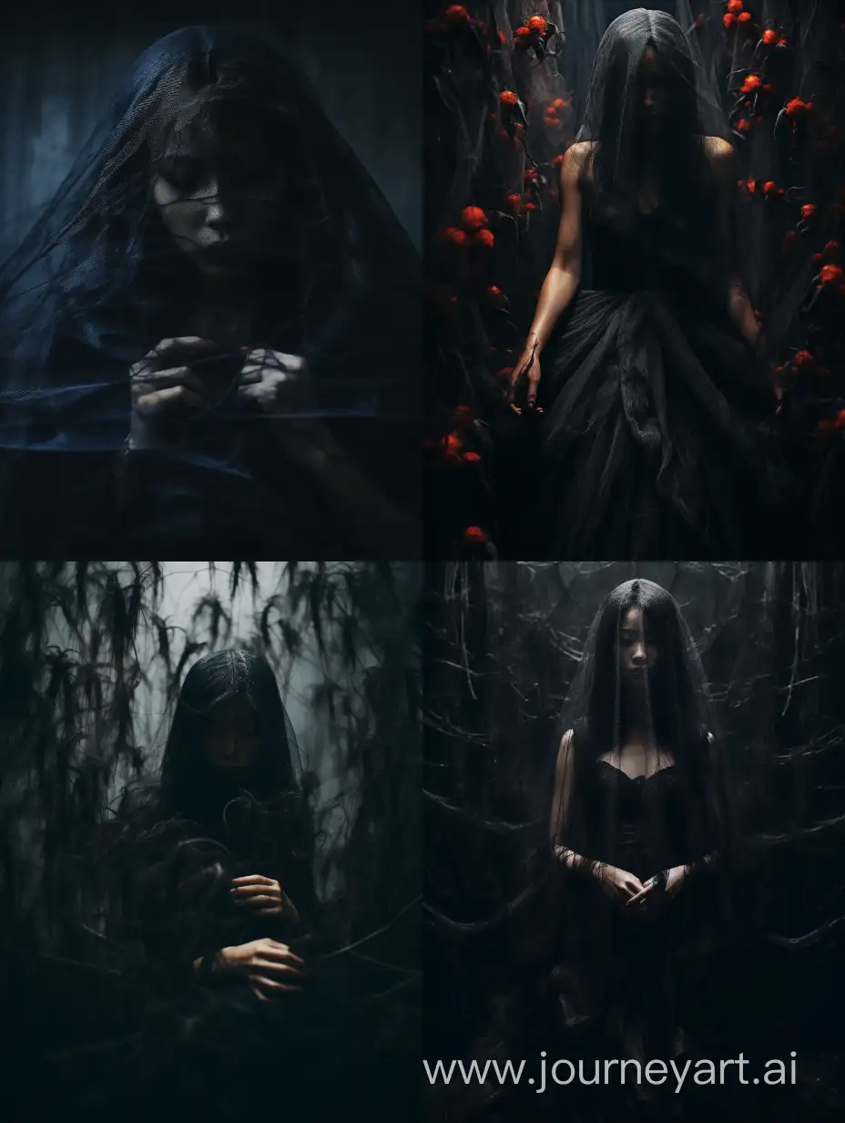 A dark, moody scene where a figure is obscured by a veil with black widow spiders crawling all over the veil, creating an eerie and mysterious atmosphere. Japanese horror, creepy pasta, dark aesthetic, film photography 
