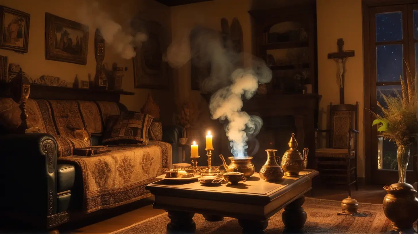 Biblical Era Living Room with Smoking Incense at Night