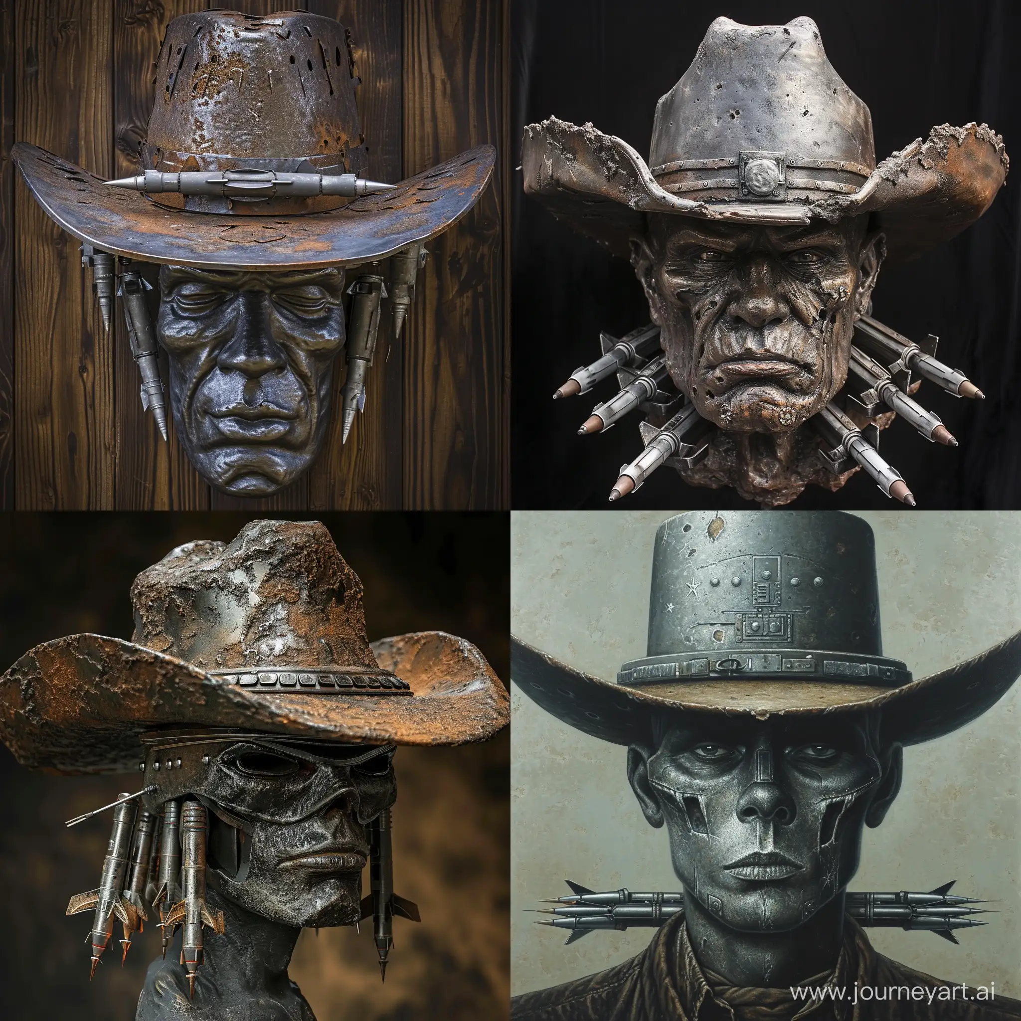 Weathered Cowboy Face with a steel cowboy hat with missles and rockets mounted under the rim of the hat
