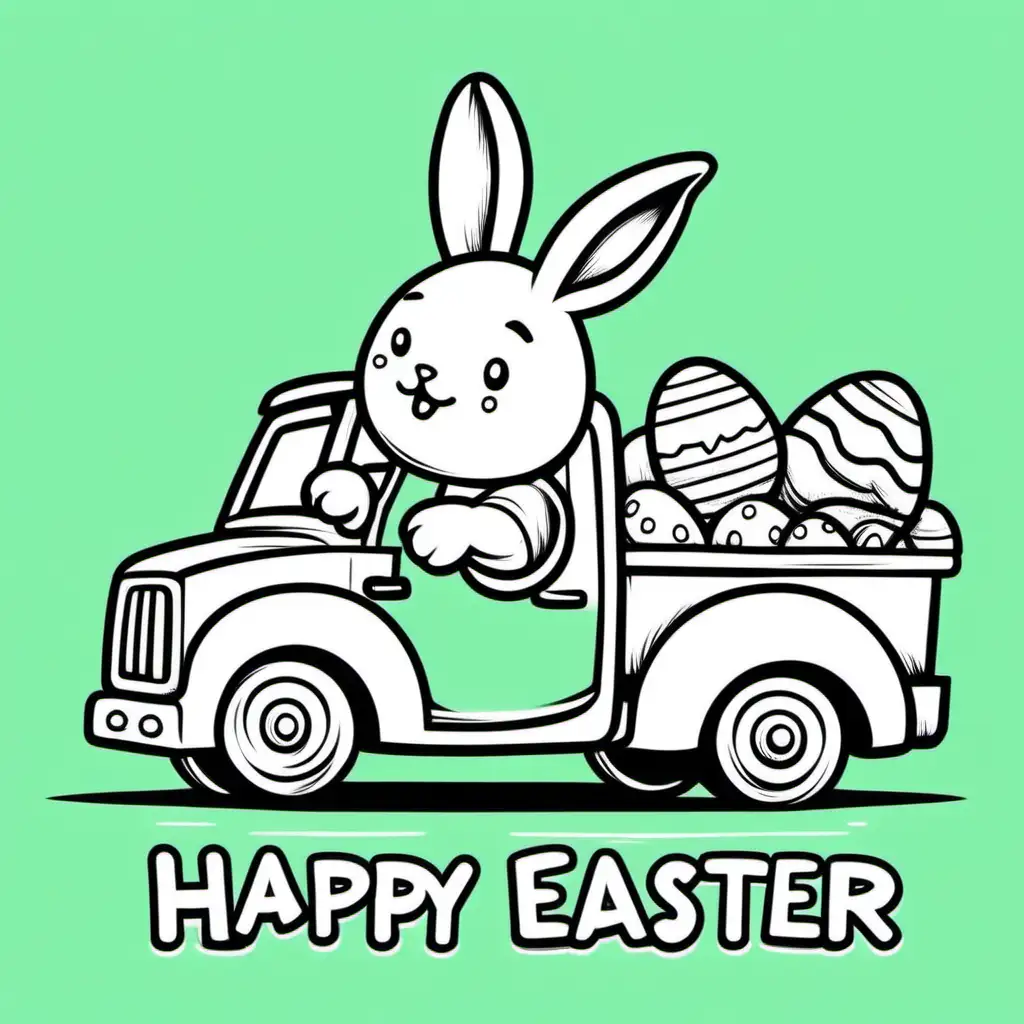 Happy Easter, Bunny, Small Truck, cartoon, thick line art
