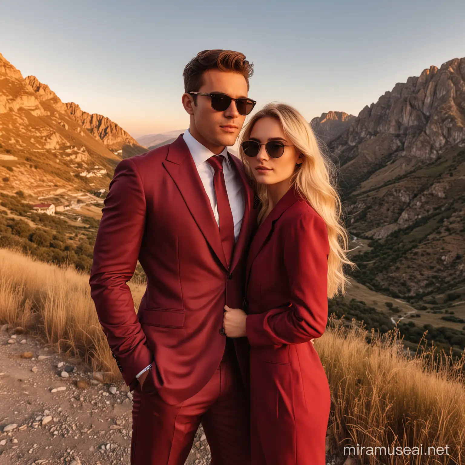 Elegant Couple in Burgundy Suit and Blonde Hairstyle at Mountain Sunset