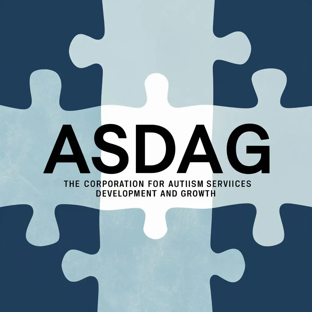 logo, 3 interlocked and perfectly fitting puzzle pieces in shades of blue and white for the background of "ASDAG" in black lettering with "The corporation for autism services development and growth" beneath in black lettering, with the text "ASDAG", typography