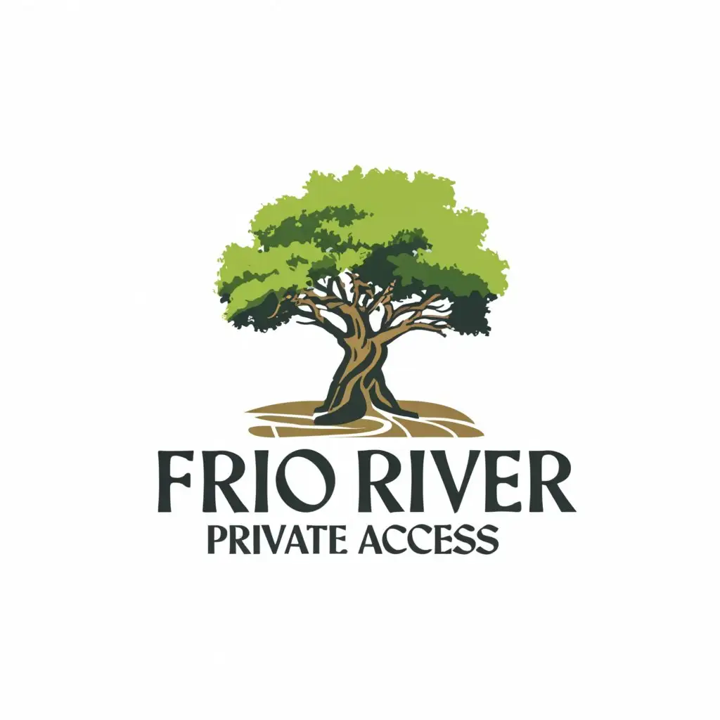 a logo design, with the text 'Frio River Private Access', main symbol: Biggest tree in Texas with a meandering river, Moderate, to be used in Travel industry, clear background, make the tree trunk super big