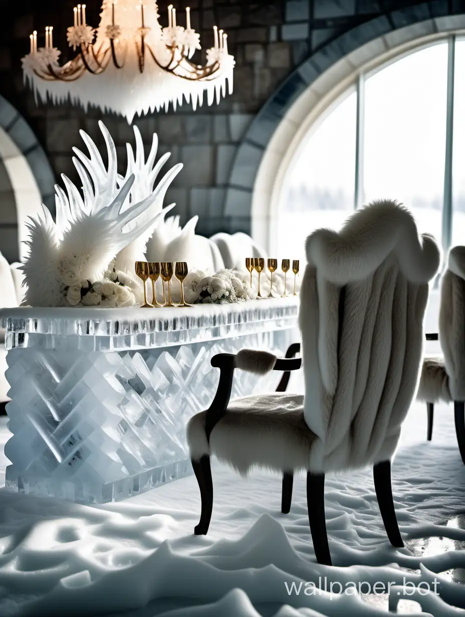 a sharp extreme close-up photograph of an ice wedding reception setup, majestic ice sculptures, reindeer fur, high detailing, fur chairs, silver cutlery, fur runner, white and natural tones, inside an ice palace, golden hour lighting:: excellent visual focus on furniture, ice and flowers through the processing of light and textures of the fabric, surreal nature --c150 --s 180 --w 50