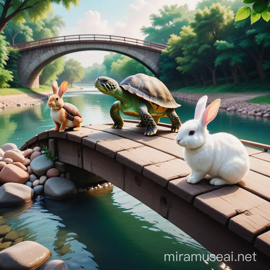 سلحفاة جميلة و ارنب تقف علي جسر اسفلة نهر
