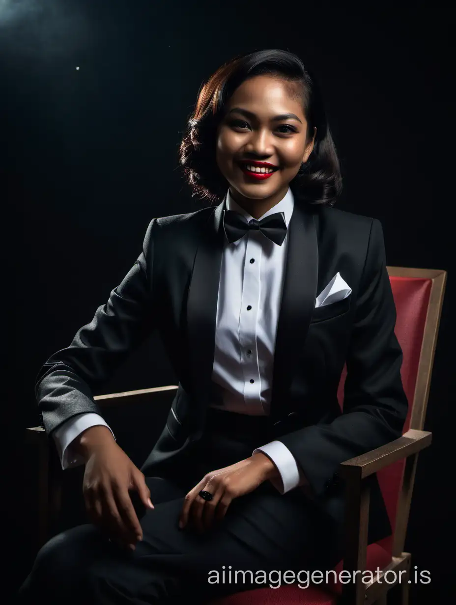 A happy Indonesian woman sitting in a chair in a dark room.  She is wearing a tuxedo with an open jacket, a white shirt with a black bow tie and cufflinks, and black pants.  She has shoulder length hair and lipstick.  She has dark skin.