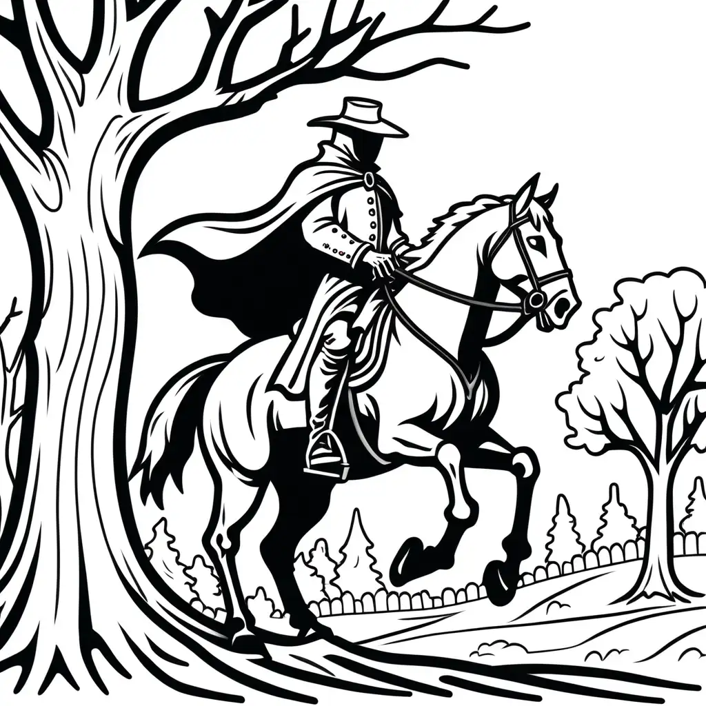 a simple black and white coloring book image of a headless horseman riding by a tree