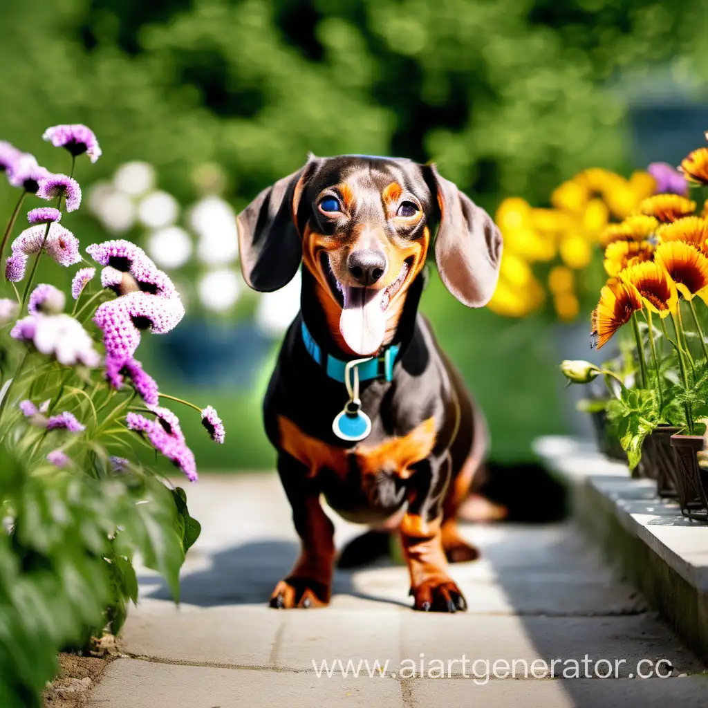 счастливая собака в саду породой "Такса"