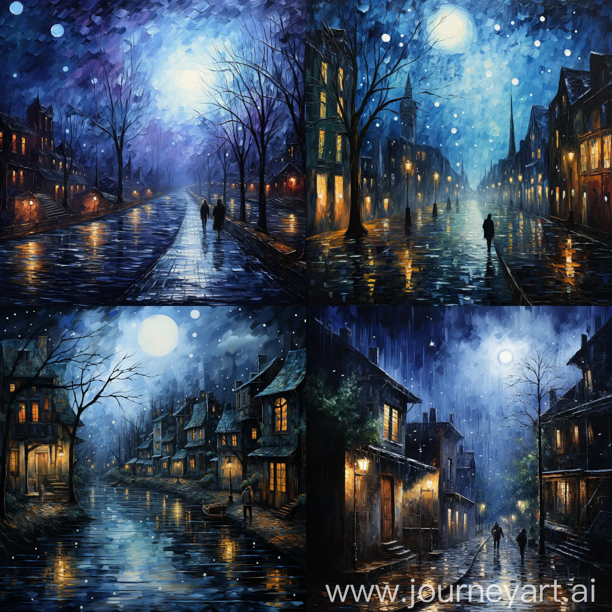 Blue, French Town, Rainy Night,a Blackberry Fruit, inspired by starry night, Vincent Van Gogh, fantasy starry skies, oil painting --s 750 --ar 1:1 --v 5.2 --style raw