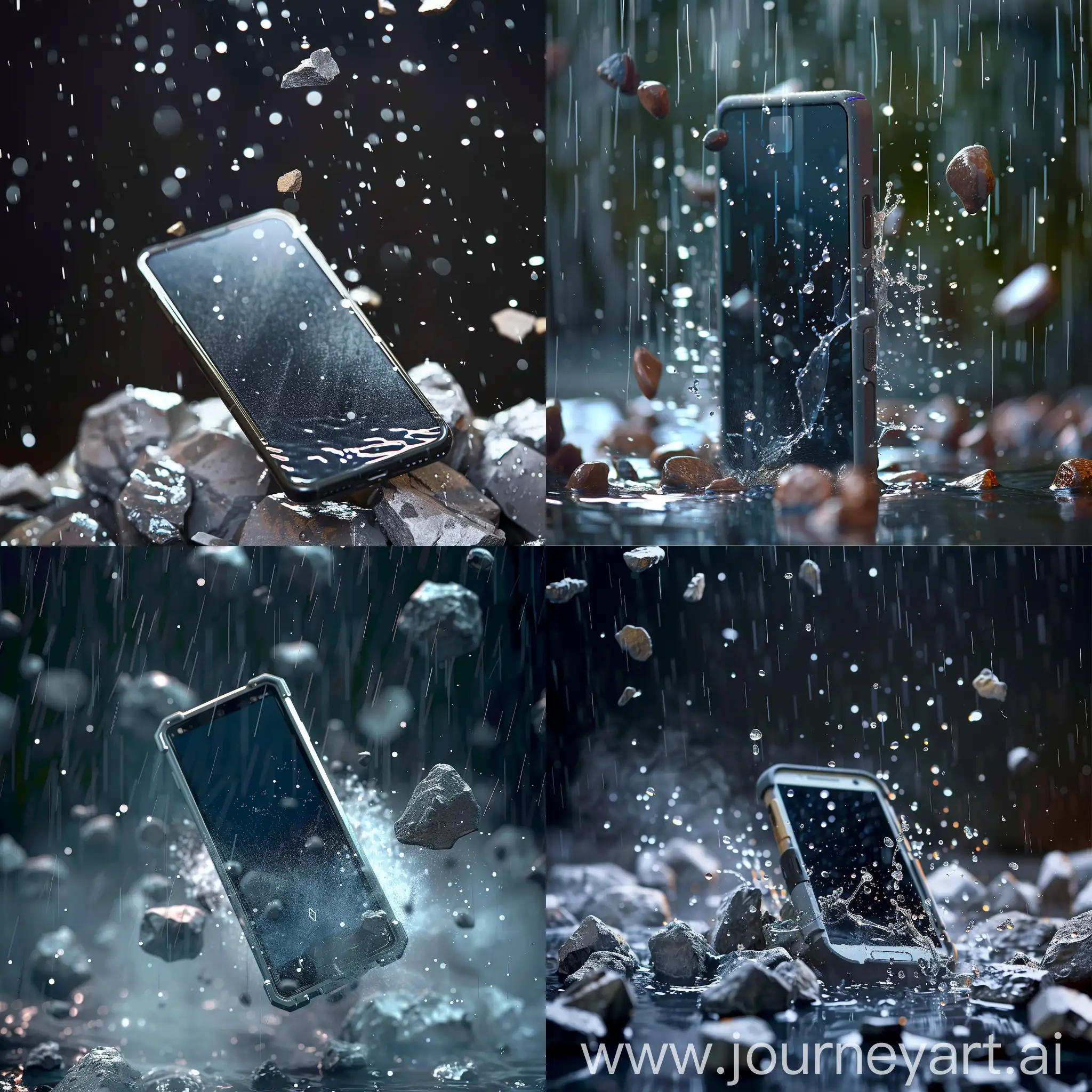 An image of a mobile phone with its screen facing the air and rain and stones falling on it from the air can be seen as its resistance.
